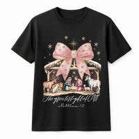 Pink Bow Christmas T-Shirt, Coquette Nativity Scene Shirt, Christian Holiday Graphic Tee, Greatest Present of All Shirt, Religious Xmas Present