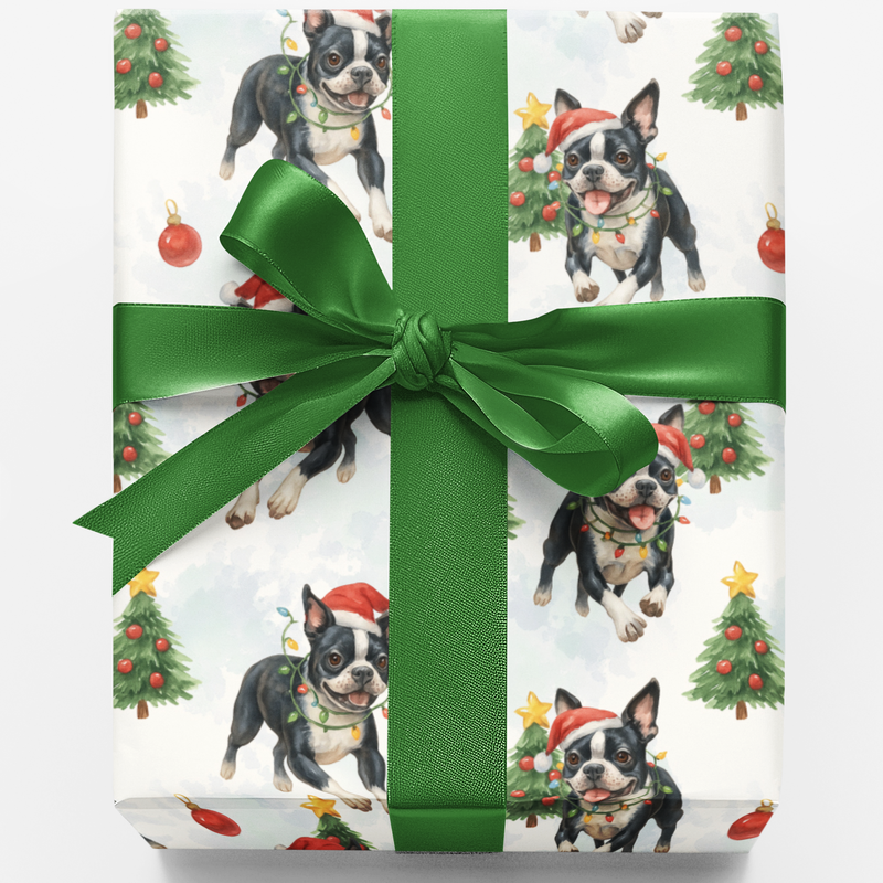 Santa Hat Dog Gift Wrap, Boston Terrier Christmas Wrapping Paper, Festive Boston Terrier Wrapping Paper, Boston Terrier Holiday Gift Wrap
