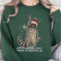 Humorous Christmas Lights Raccoon Sweater, Feral and Festive AF Raccoon Sweatshirt, Retro Raccoon Holiday Crewneck, Adorable Animal Xmas Pullover