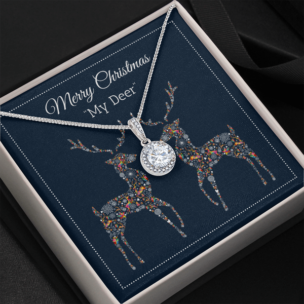 Cubic Zirconia Pendant Necklace, Merry Christmas My Deer Necklace, White Gold Over Stainless Steel Romantic Holiday Present J