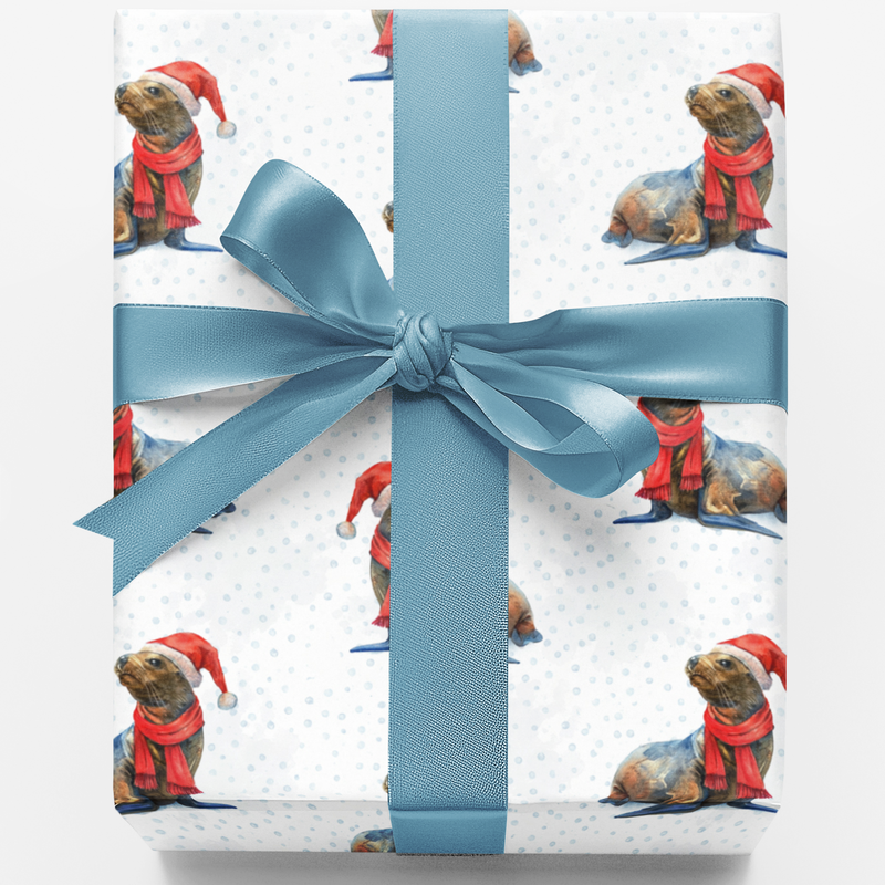 Adorable Santa Hat Holiday Gift Wrap, Sea Lion Christmas Wrapping Paper, Winter Animal Wrapping Paper, Festive Ocean Theme Gift Wrap Paper Roll