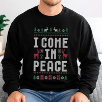 Humorous Alien Xmas Sweater, I Come in Peace Ugly Christmas Sweatshirt, Retro Sci Fi Holiday Pullover, Humorous Christmas Alien Crewneck Present