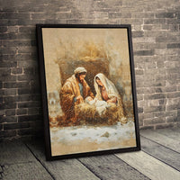 Snowy Holy Family Canvas Print, Nativity Scene Canvas Wall Art, Christian Christmas Wall Decor, Religious Holiday Season Canvas Present