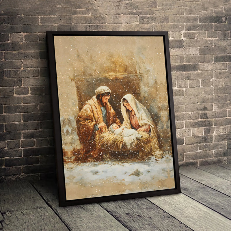 Holy Family Watercolor Print, Nativity Scene Wall Art Digital Download, Christian Christmas Wall Art, Snowy Nativity Poster, Holiday Decor