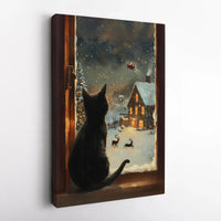 Santa Sleigh Snowy Village Canvas Wall Art, Black Cat Christmas Canvas Print, Festive Holiday Kitten Wall Decor, Adorable Winter Pet Lover Present