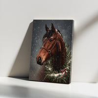 Snowy Equestrian Winter Wreath Portrait, Christmas Horse Canvas Wall Art, Rustic Farmhouse Holiday Decor, Horse Lover Present Art Canvas