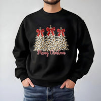 Coquette Bow Holiday Tree Crewneck, Leopard Print Christmas Tree Sweatshirt, Merry Christmas Graphic Pullover, Festive Winter Season Sweater