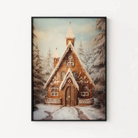 Winter Forest Poster, Gingerbread Church Wall Art, Whimsical Christmas Wall Art, Holiday Cottage Print, Christmas Poster Digital Download