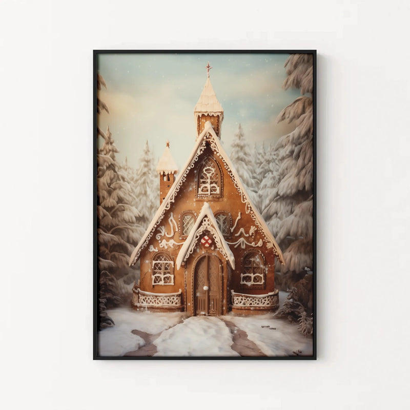 Whimsical Winter Forest Scene Poster, Gingerbread Church Wall Art, Comfy Christmas Village Print, Festive Holiday Decor Poster Present