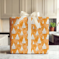 Watercolor Christmas Wrapping Paper, Orange Pine Tree Wrapping Paper, Winter Snowflake Holiday Wrapping Paper, Festive Forest Gift Wrap