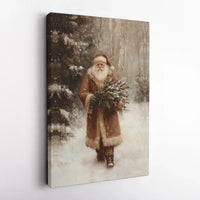 Brown Coat Woodland Forest Santa Canvas, Vintage Santa Claus Wall Art, Rustic Christmas Wall Decor, Nostalgic Holiday Winter Canvas Print