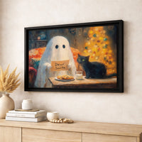 Black Cat Dear Santa Canvas Art, Ghost Christmas Canvas Print, Whimsical Holiday Ghost Canvas, Festive Winter Wall Decor, Xmas Art Present