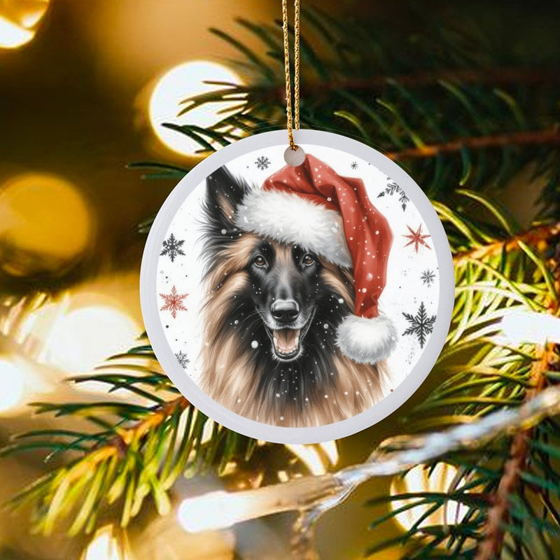 Santa Hat Dog Tree Ornament, Belgian Tervuren Christmas Ornament, Ceramic Holiday Dog Ornament, Pet Keepsake, Dog Lover Holiday Present