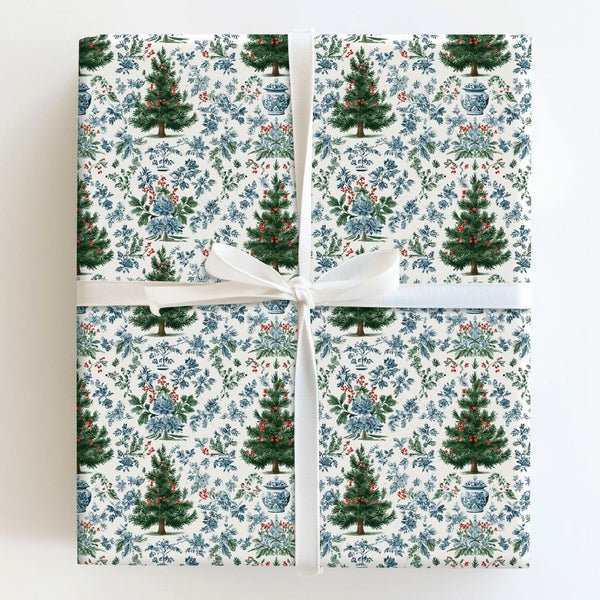Blue and White Ginger Jar Holiday Gift Wrap, Chinoiserie Christmas Wrapping Paper, Floral Toile Christmas Wrap, Elegant Holid