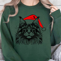 Santa Hat Cat Holiday Crewneck, Maine Coon Christmas Sweatshirt, Festive Adorable Kitten Pullover, Comfy Xmas Sweater for Cat Lovers