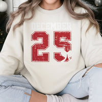 Retro Distressed Varsity Number Crewneck, December 25 Christmas Sweatshirt, Comfy Xmas Holiday Sweater, Vintage Aesthetic Graphic Pullover