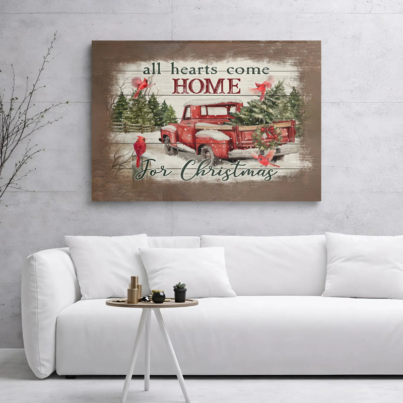 Vintage Red Truck Canvas Print, All Hearts Come Home for Christmas Canvas Wall Art, Holiday Cardinal Wall Decor, Farmhouse Xmas Canvas