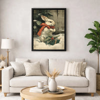 Whimsical Bunny Canvas Print, Vintage Christmas Rabbit Canvas Wall Art, Holiday Bunny with Red Bow Canvas, Comfy Xmas Home Decor Present