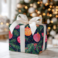 Navy Pine Branch Gift Wrap, Watercolor Ornament Christmas Wrapping Paper, Colorful Bauble Wrapping Paper, Festive Holiday Wrapping Paper