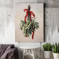 Vintage Holiday Botanical Canvas Wall Art, Mistletoe Canvas Print, Festive Christmas Canvas Art, Winter Botanical Wall Decor Present