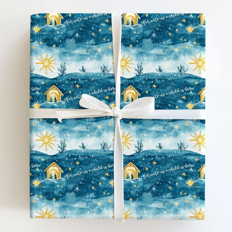 Blue Nativity Scene Gift Wrap, Unto Us a Child Is Born Wrapping Paper, Star of Bethlehem Paper, Christian Christmas Holiday Present Wrap
