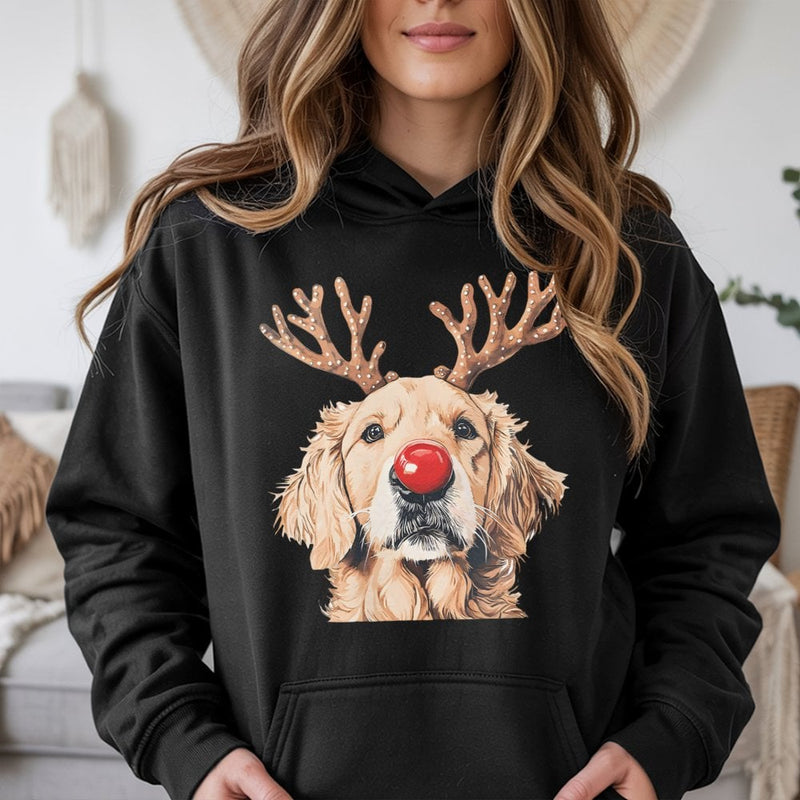 Reindeer Antlers Dog Mom Hoodie, Golden Retriever Christmas Hoodie, Humorous Dog Lover Holiday Hoodie, Adorable Puppy Pet Xmas Hooded Sweatshirt