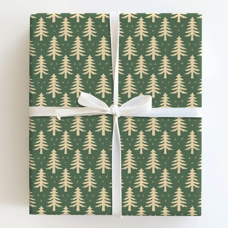 Minimalist Forest Green Holiday Gift Wrap, Rustic Pine Tree Wrapping Paper, Cream Snowflake Christmas Wrapping Paper, Winter Gift Wrap