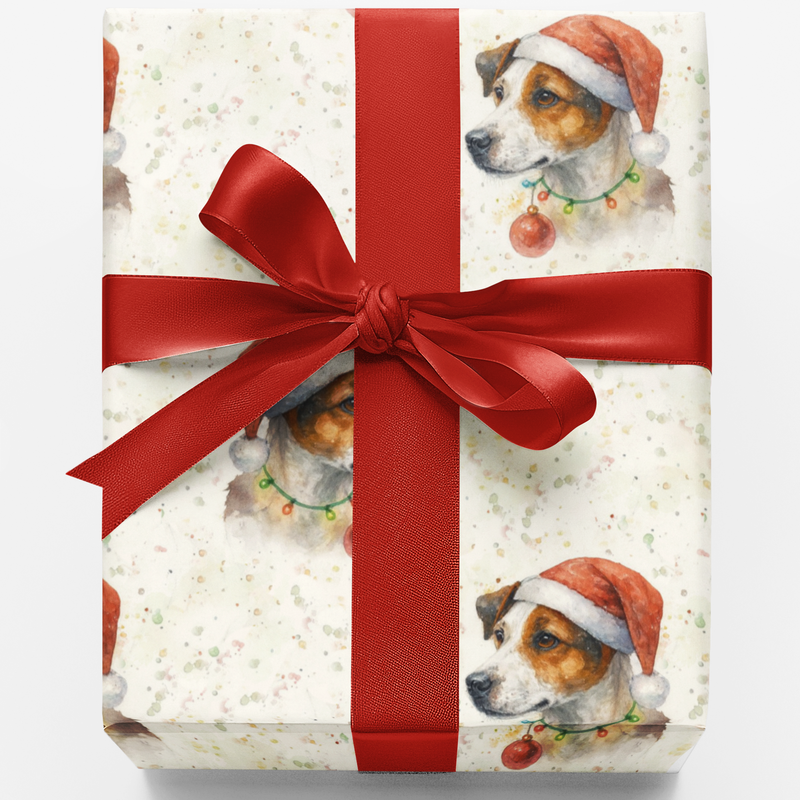 Santa Hat Dog Gift Wrap, Jack Russell Terrier Christmas Wrapping Paper, Festive Puppy Present Wrap, Holiday Dog Lover Present Packaging Roll