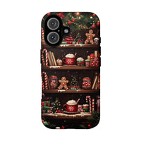 Comfy Gingerbread Hot Cocoa Holiday iPhone Case, Christmas Bookshelf Phone Case, Candy Cane Winter Phone Cover, Bookish Present