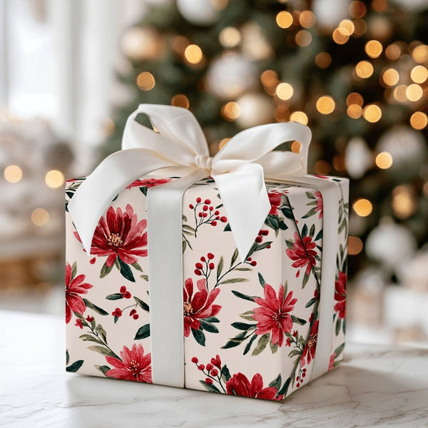 Winter Berry Holiday Gift Wrap, Watercolor Poinsettia Wrapping Paper, Floral Christmas Wrapping Paper, Botanical Holiday Gift