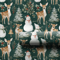 Vintage Christmas Gift Wrap, Woodland Deer Snowman Wrapping Paper, Forest Green Holiday Wrapping Paper, Rustic Winter Gift Wrap Roll