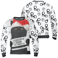 Humorous Bad Cat Xmas Tree Sweatshirt, Black Cat Mugshot Christmas Sweater, Mischievous Kitten Holiday Crewneck, Cat Lover Pullover