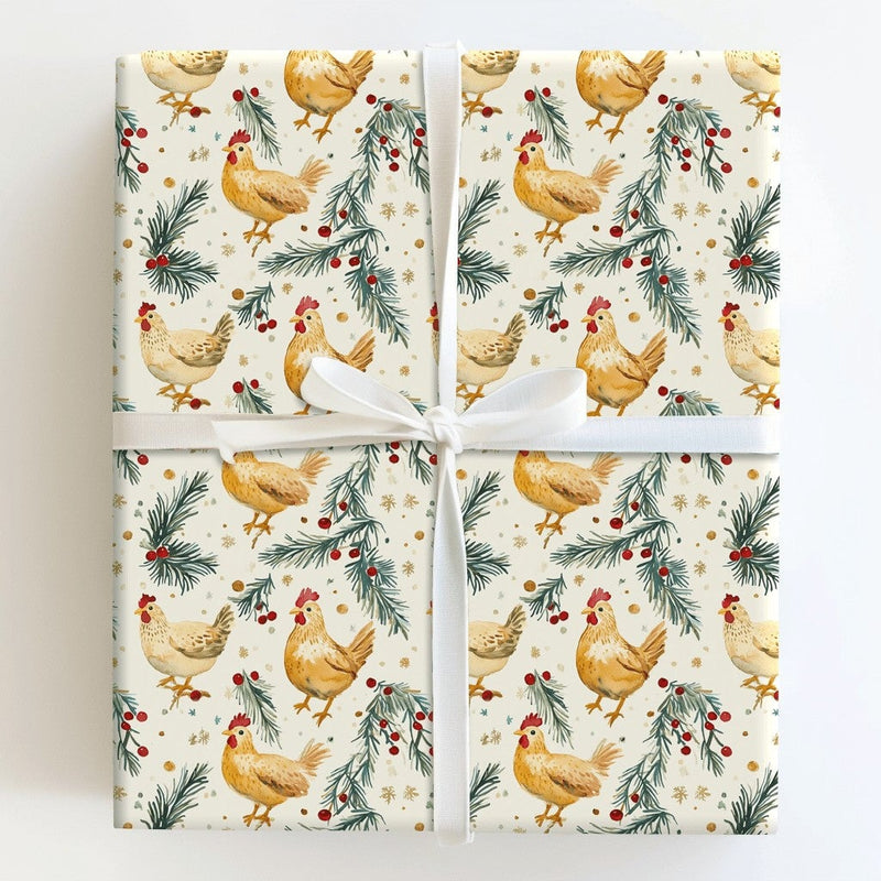 Farmhouse Rooster Holiday Gift Wrap, Christmas Chicken Wrapping Paper, Rustic Country Pine Present Wrap, Hen Barnyard Holiday Present Paper