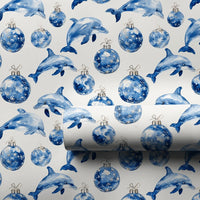 Blue Ornament Holiday Gift Wrap, Coastal Christmas Dolphin Wrapping Paper, Ocean Animal Wrapping Paper, Nautical Xmas Gift Wrapping Paper