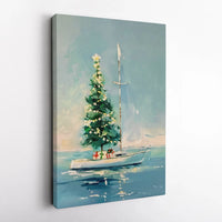 Coastal Christmas Canvas Print, Christmas Tree on Sailboat Canvas Art, Nautical Holiday Wall Decor, Sailor Boat Canvas, Coastal Xmas Present