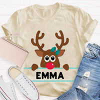 Custom Name Reindeer Holiday Graphic Tee, Personalized Christmas Elk Bow Shirt, Adorable Christmas Elk T-Shirt, Festive Winter Holiday Present