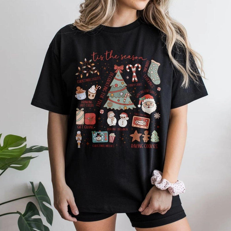 Festive Holiday Icons Graphic Shirt, Tis the Season Christmas T-Shirt, Retro Xmas Vibes Tee, Adorable Winter Holiday Present for Women Men