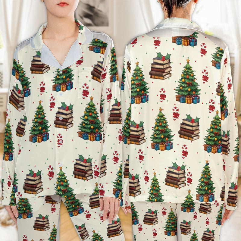 Festive Tree Books Satin Pajamas, Christmas Book Lover Pajama Set, Bookworm Holiday Pajamas, Comfy Reader Loungewear, Book Lover Xmas Present