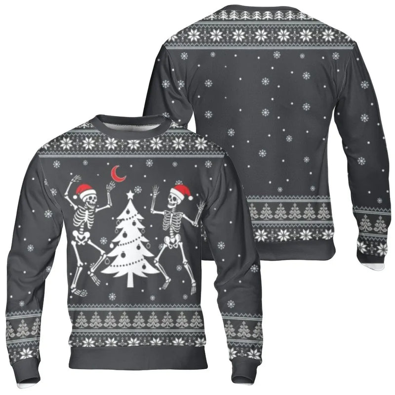 Spooky Xmas Ugly Holiday Sweater, Dancing Skeleton Christmas Sweatshirt, Gothic Winter Crewneck Sweatshirt, Humorous Creepy Adorable Holiday Present