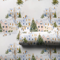 Watercolor Winter Wonderland Gift Wrap, Snowy Village Christmas Wrapping Paper, Holiday Village Wrapping Paper, Festive Gift Wrap Roll