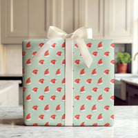 Mint Green Christmas Gift Wrap, Watercolor Santa Hat Wrapping Paper, Adorable Red Santa Hat Wrapping Paper, Secret Santa Holiday Gift Wrap Roll