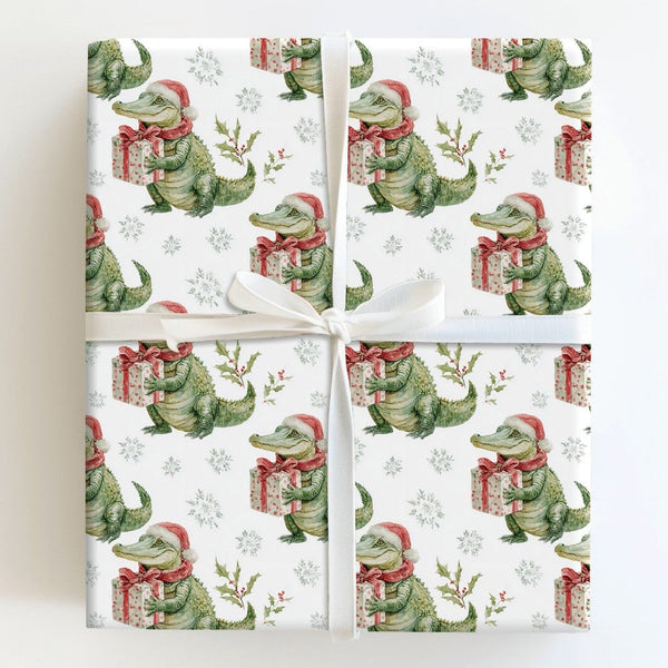 Santa Gator Holiday Gift Wrap, Christmas Alligator Wrapping Paper, Whimsical Reptile Animal Wrapping Paper, Humorous Winter P