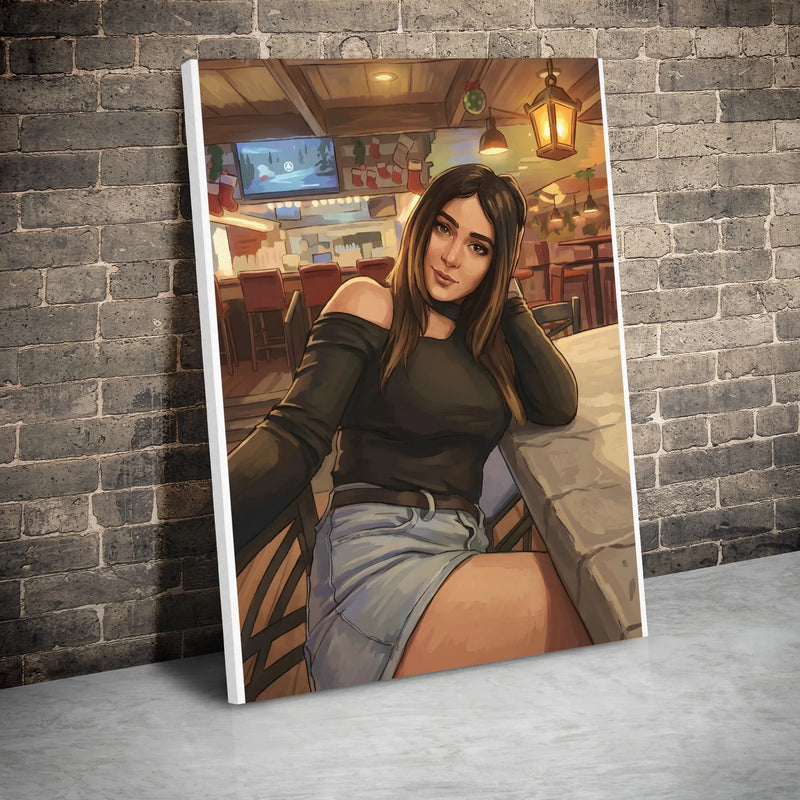 Comfy Holiday Selfie Wall Canvas, Christmas Tavern Portrait Canvas, Festive Pub Scene Canvas Print, Winter Living Room Wall Decor Xmas Present