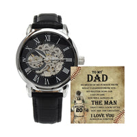 Baseball Theme Keepsake Wristwatch, Skeleton Automatic Watch for Dad, Genuine Leather Strap Timepiece, Father Birthday Christmas Present
