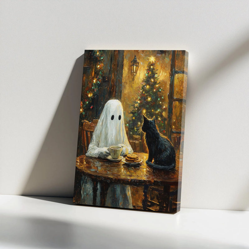 Comfy Holiday Coffee Canvas Print, Ghost and Black Cat Christmas Canvas Art, Adorable Spooky Winter Decor, Whimsical Holiday Art Present