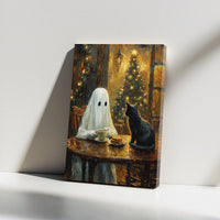 Ghost Coffee Canvas Print, Ghost and Black Cat Canvas Art, Whimsical Holiday Cat Wall Art, Christmas Ghost Poster, Spooky Digital Download