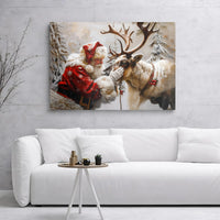 Whimsical Winter Forest Canvas Print, Santa Claus with Reindeer Canvas Wall Art, Festive Christmas Canvas Decor, Holiday Wall Art Canvas