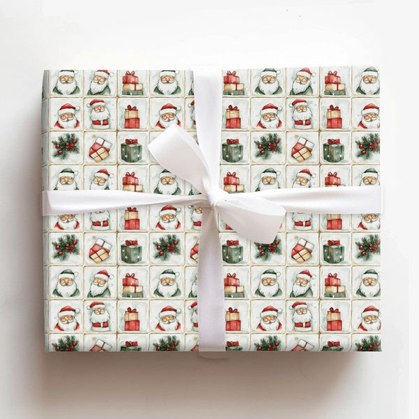 Vintage Christmas Gift Wrap, Watercolor Santa Claus Wrapping Paper, Holiday Present Wrapping Paper, Festive Grid Wrap Roll, X