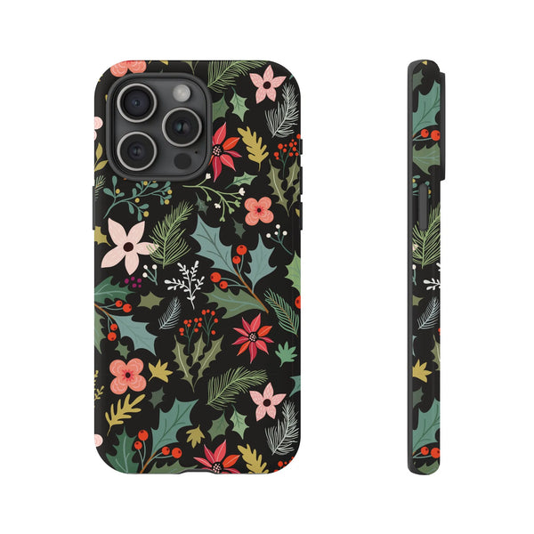 Christmas Botanical Black Phone Case, Vintage Poinsettia Holly iPhone Case, Festive Winter Floral iPhone Case Cover, Holiday 