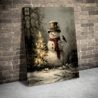 Christmas Tree and Bird Painting, Vintage Rustic Snowman Canvas Wall Art, Winter Holiday Snowman Decor, Vintage Snowman Canvas Art